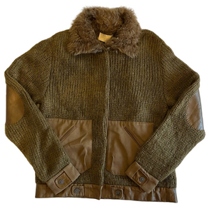 Vanessa Bruno Merino Wool Blend Faux Fur Collar Knit Brown Sweater Coat